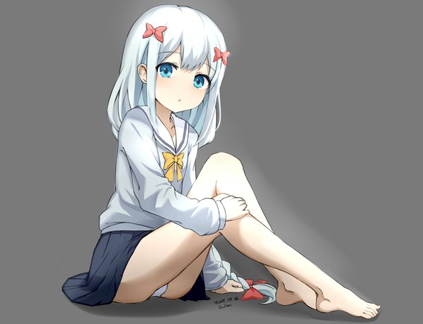 Anime picture 3043x2335 with eromanga sensei a-1 pictures izumi sagiri wan single long hair looking at viewer blush highres blue eyes light erotic simple background signed payot absurdres silver hair full body bent knee (knees) braid (braids) parted lips