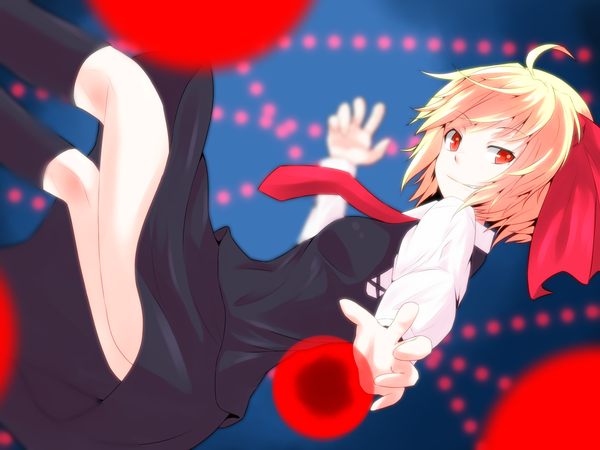 Anime picture 1600x1200 with touhou rumia s-ghost single looking at viewer fringe short hair blonde hair smile red eyes ahoge weightlessness girl dress skirt bow hair bow socks necktie black socks