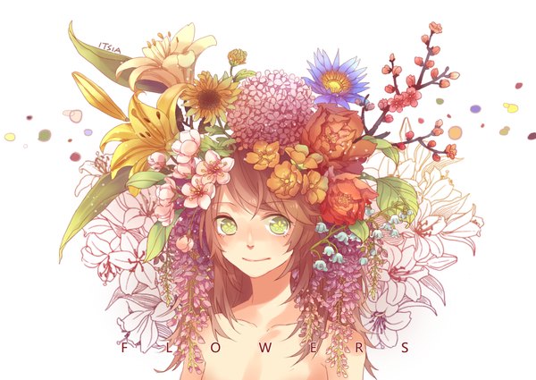 Anime picture 1392x988 with original itsia single long hair smile brown hair white background bare shoulders green eyes hair flower nude girl hair ornament flower (flowers)