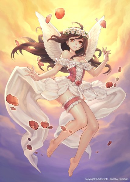 Anime picture 880x1233 with original obsidian single long hair tall image looking at viewer smile brown hair bare shoulders brown eyes sky cloud (clouds) barefoot light smile orange eyes angel wings lacing white wings girl petals