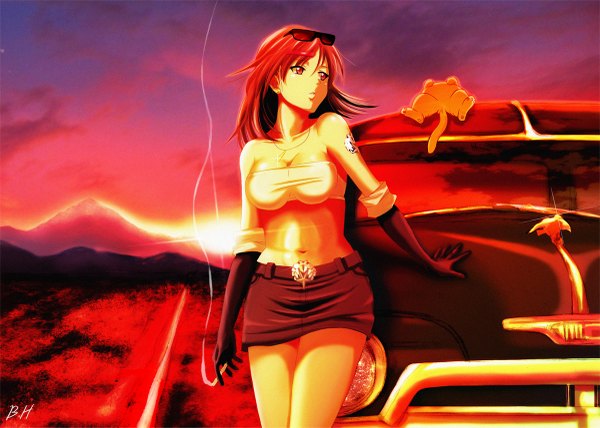 Anime picture 1200x857 with original harukaze bou single long hair fringe light erotic red eyes standing bare shoulders looking away cloud (clouds) red hair lying sunlight bare belly bare legs evening sunset smoke mountain