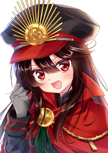 Anime picture 750x1059 with fate (series) koha-ace oda nobunaga (fate) (all) oda nobunaga (fate) mitsuba choco single long hair tall image looking at viewer blush fringe open mouth simple background hair between eyes red eyes brown hair white background upper body military girl