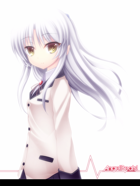 Anime picture 1500x2000 with angel beats! key (studio) tachibana kanade kiyomin single long hair tall image looking at viewer simple background white background yellow eyes silver hair inscription flat chest girl uniform school uniform