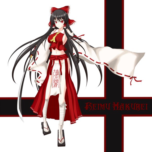Anime picture 2000x2000 with touhou hakurei reimu gmot single long hair highres black hair red eyes girl skirt bow weapon hair bow detached sleeves sword skirt set