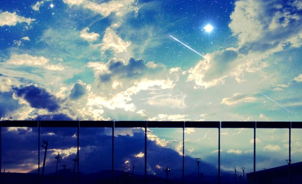 Anime picture 1800x1095 with original usamochi. highres wide image sky cloud (clouds) no people landscape star (stars) sun pole