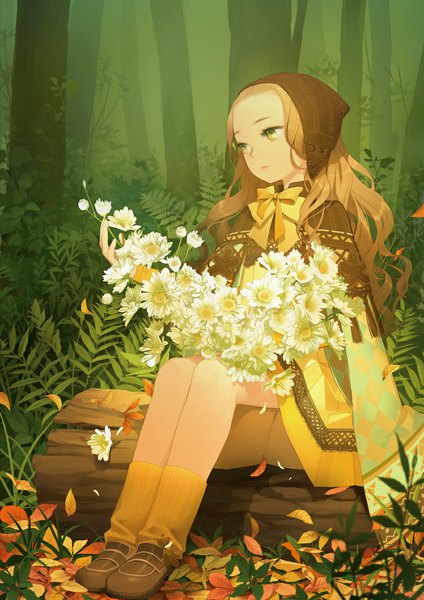 Anime picture 800x1132 with original salt (salty) single long hair tall image blonde hair sitting green eyes looking away girl flower (flowers) plant (plants) tree (trees) socks leaf (leaves) cape forest cap