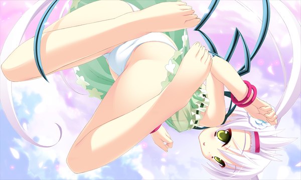 Anime picture 1024x614 with twinkle crusaders twinkle crusaders -passion star stream- illear long hair light erotic wide image twintails green eyes game cg cleavage white hair barefoot girl hair ornament underwear panties ribbon (ribbons) bracelet hairclip