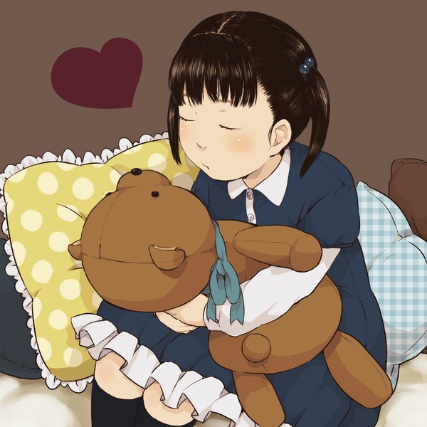 Anime picture 1200x1200 with original mosuko blush fringe short hair brown hair sitting twintails eyes closed short twintails polka dot plaid brown background almost kiss girl hair ornament socks heart pillow black socks
