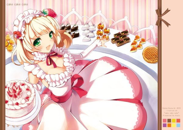 Anime picture 1300x924 with original pixiv kayou (kayou-bi) blonde hair green eyes cleavage striped striped background girl dress gloves ribbon (ribbons) detached sleeves elbow gloves food sweets bonnet berry (berries) cake