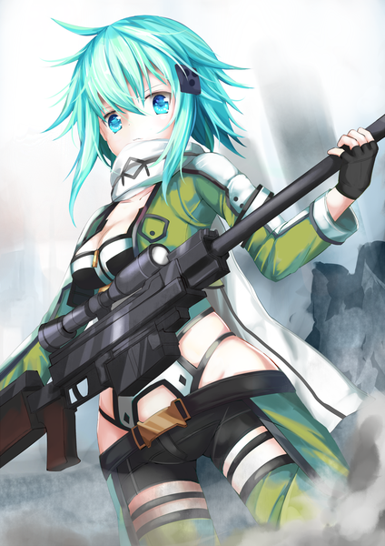 Anime picture 1000x1414 with sword art online a-1 pictures asada shino umagenzin single tall image looking at viewer short hair blue eyes blue hair girl hair ornament weapon jacket shorts scarf gun sniper rifle