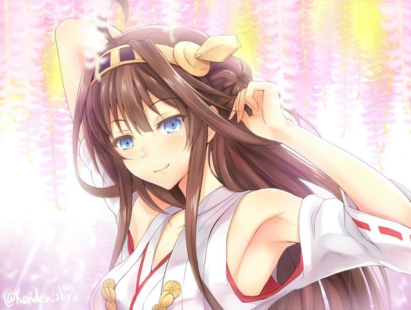 Anime picture 1000x755 with kantai collection kongou battleship kanden sky single long hair looking at viewer blush blue eyes smile brown hair ahoge armpit (armpits) nontraditional miko girl hair ornament detached sleeves
