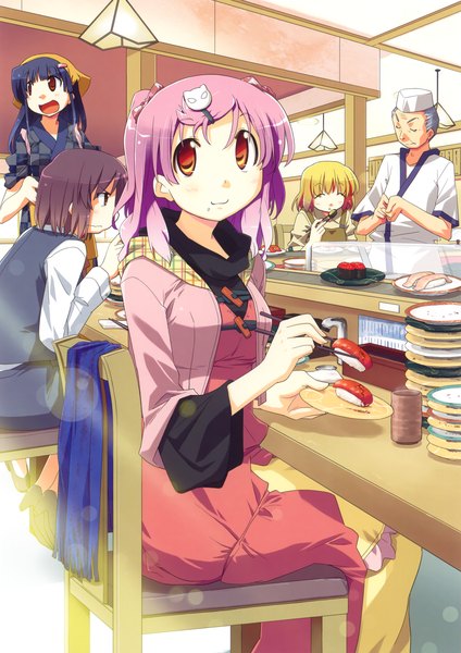 Anime picture 3256x4604 with original eshi 100-nin ten nagumo (nagumon) long hair tall image highres short hair black hair red eyes brown hair sitting multiple girls pink hair absurdres eating girl dress boy hair ornament food