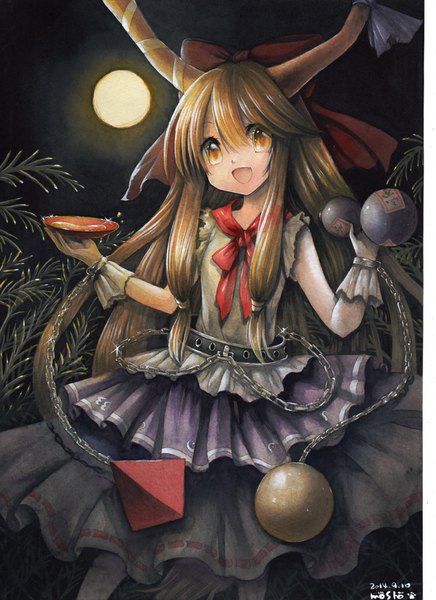 Anime picture 727x1000 with touhou ibuki suika mosho single long hair tall image looking at viewer fringe open mouth blonde hair signed yellow eyes horn (horns) scan night traditional media watercolor (medium) girl bow hair bow