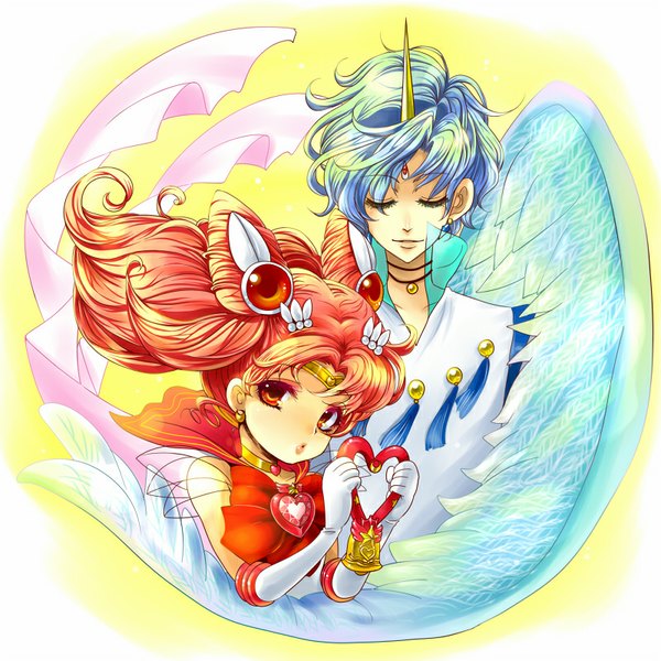 Anime picture 800x800 with bishoujo senshi sailor moon toei animation chibiusa sailor chibi moon helios karintou1485 long hair looking at viewer short hair simple background smile red eyes twintails holding eyes closed horn (horns) light smile wind orange hair aqua hair