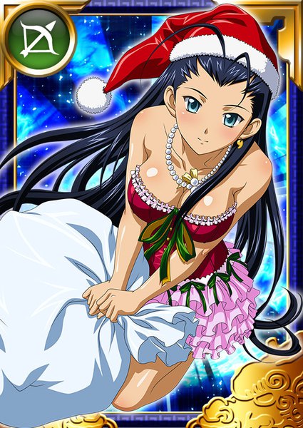 Anime picture 567x800 with ikkitousen kakouen myousai single long hair tall image looking at viewer blush breasts blue eyes light erotic black hair large breasts holding cleavage ahoge from above sparkle looking up card (medium) girl