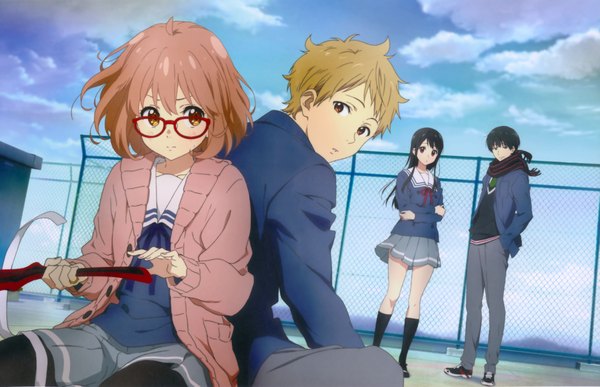 Anime picture 9754x6305 with kyoukai no kanata kyoto animation kuriyama mirai kanbara akihito nase mitsuki nase hiroomi kadowaki miku long hair highres short hair black hair brown hair multiple girls brown eyes absurdres sky cloud (clouds) official art multiple boys girl