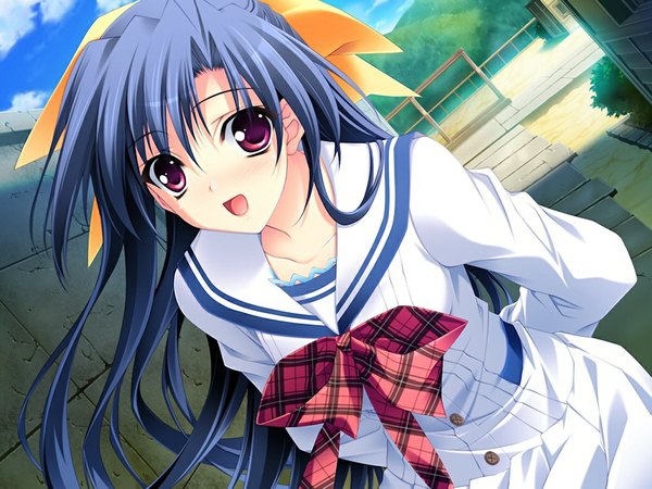 Anime picture 1024x768 with sakura bitmap (game) long hair purple eyes blue hair game cg girl serafuku