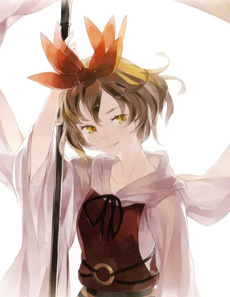 Anime picture 830x1072 with touhou toramaru shou shihou (g-o-s) single tall image fringe short hair simple background smile hair between eyes brown hair white background yellow eyes looking away upper body slit pupils girl bow hair bow