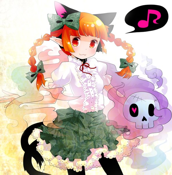 Anime picture 1400x1423 with touhou kaenbyou rin moonyan single long hair tall image blush red eyes animal ears braid (braids) pointy ears cat ears orange hair cat girl twin braids multiple tails :3 extra ears girl bow