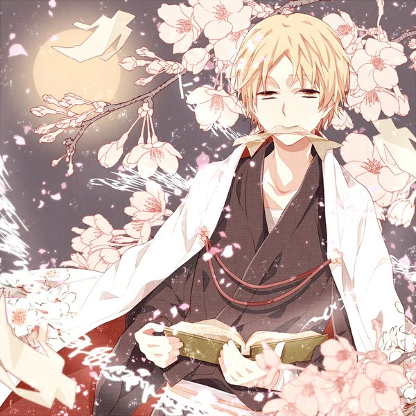 Anime picture 1000x1000 with natsume yuujinchou brains base (studio) natsume takashi single short hair blonde hair yellow eyes traditional clothes night sky mouth hold hieroglyph boy flower (flowers) petals leaf (leaves) full moon
