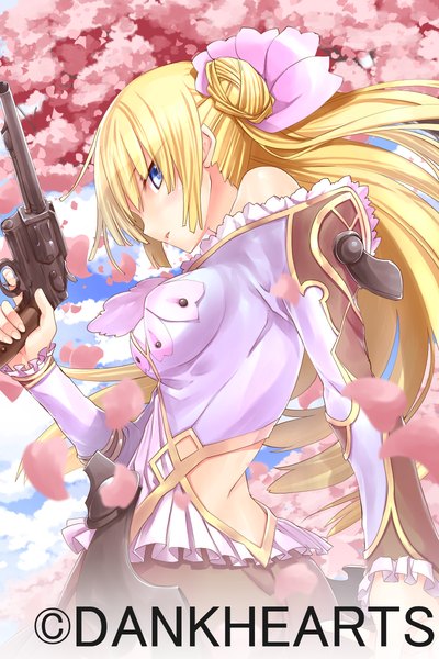 Anime picture 800x1200 with original kyougoku touya long hair tall image blush blue eyes blonde hair bare shoulders profile girl dress flower (flowers) weapon petals gun