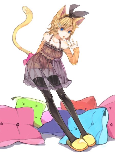Anime picture 1200x1600 with vocaloid kagamine rin sono (pixiv) single tall image short hair blue eyes blonde hair bare shoulders animal ears tail girl thighhighs black thighhighs pillow sundress