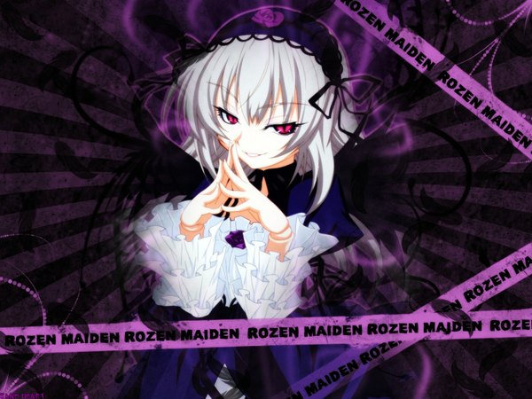 Anime picture 1600x1200 with rozen maiden suigintou single long hair simple background smile white hair pink eyes wallpaper copyright name striped goth-loli striped background girl dress frills hairband