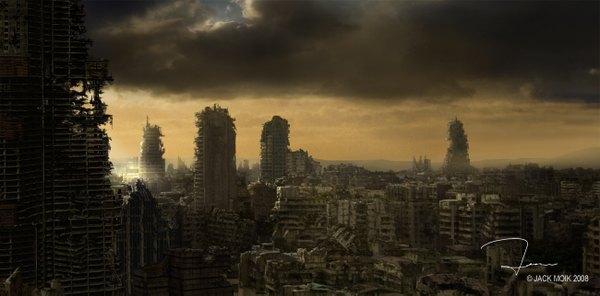 Anime picture 1300x643 with original jacklionheart (artist) wide image cloud (clouds) city cityscape ruins post-apocalyptic building (buildings)