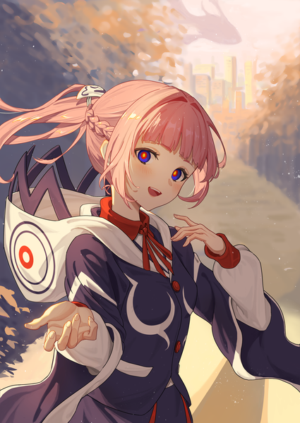 Anime picture 2748x3878 with virtual youtuber kamitsubaki studio virtual kaf kaf (kamitsubaki studio) laplace (kamitsubaki studio) binnn ze single long hair tall image looking at viewer fringe highres open mouth blue eyes payot pink hair outdoors ponytail blunt bangs :d