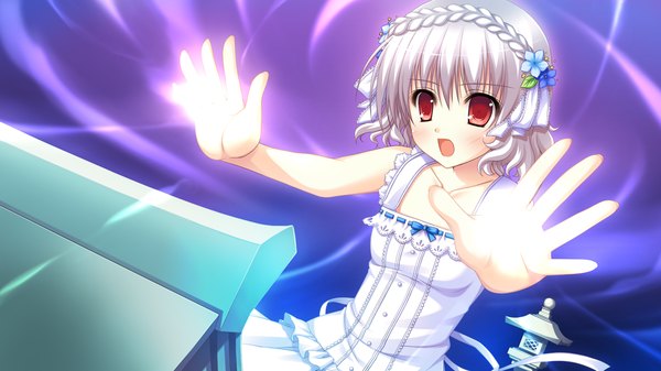 Anime picture 1280x720 with kamigakari cross heart! blush short hair open mouth red eyes wide image game cg white hair magic girl sundress
