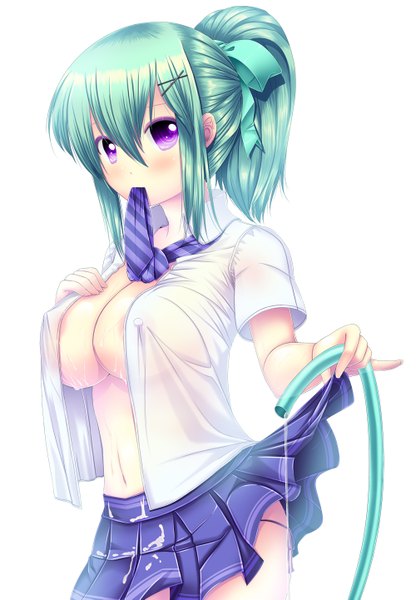 Anime picture 1000x1441 with original yomu orenji neko-san (artist) single tall image looking at viewer blush short hair breasts light erotic white background purple eyes ponytail pleated skirt green hair open clothes wet open shirt erect nipples covered nipples girl