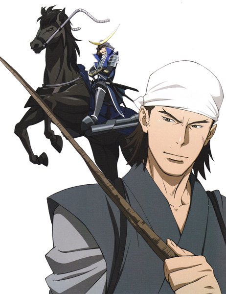 Anime picture 1156x1500 with sengoku basara production i.g date masamune katakura kojuurou tall image short hair black hair simple background white background brown eyes traditional clothes scan multiple boys scar crossed arms riding boy armor 2 boys eyepatch