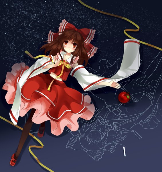 Anime picture 1700x1800 with touhou hakurei reimu shinta hoshi-to single long hair tall image blush red eyes brown hair long sleeves girl thighhighs dress bow ribbon (ribbons) black thighhighs hair bow detached sleeves apple