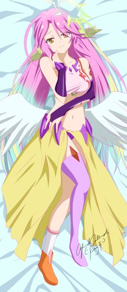 Anime picture 3500x8000 with no game no life madhouse jibril (no game no life) kimmy77 single long hair tall image highres smile yellow eyes pink hair absurdres full body lying midriff angel wings dakimakura (medium) low wings naughty face girl