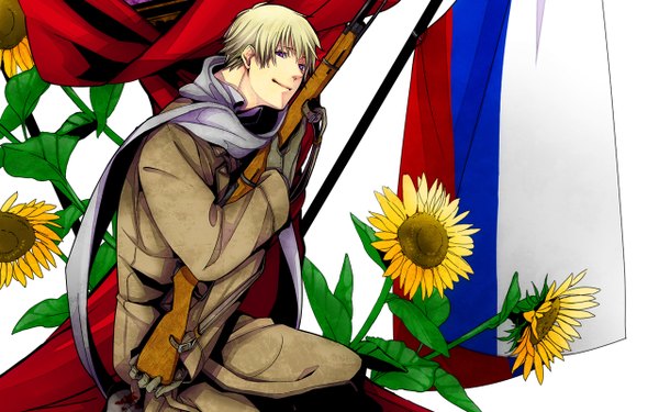 Anime picture 1280x800 with axis powers hetalia studio deen russia (hetalia) single blonde hair wide image purple eyes wallpaper boy uniform flower (flowers) scarf gun military uniform sunflower flag rifle russian flag