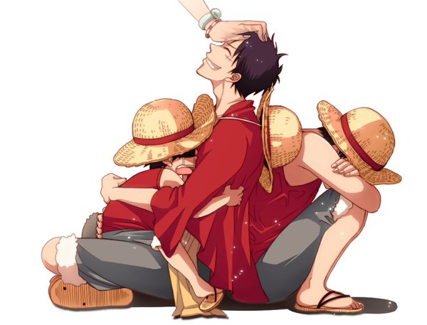 Anime picture 1024x780 with one piece toei animation monkey d. luffy portgas d. ace meiko (pixiv id=2959695) short hair black hair simple background smile white background sitting multiple boys hug kneeling grin looking up crying back to back hand on another's head multiple persona