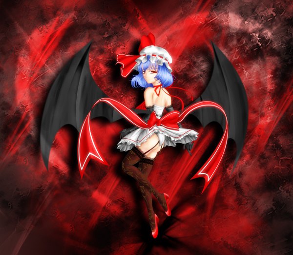 Anime picture 1400x1220 with touhou remilia scarlet untue single short hair red eyes blue hair looking back girl thighhighs gloves bow ribbon (ribbons) wings elbow gloves headdress garter straps garter (garters)