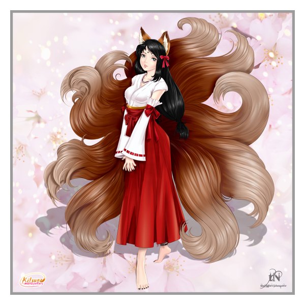 Anime picture 3000x3000 with thenightwishmaster single long hair highres breasts black hair green eyes animal ears tail nail polish traditional clothes japanese clothes animal tail barefoot lips wide sleeves shadow fox ears fox tail fox girl