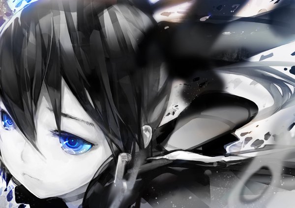 Anime picture 3508x2480 with black rock shooter black rock shooter (character) el-zheng single highres blue eyes black hair absurdres tears close-up face girl