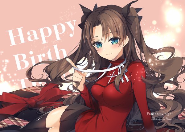 Anime picture 1000x714 with fate (series) fate/stay night toosaka rin necomi (gussan) single long hair blush fringe blue eyes smile brown hair twintails pleated skirt inscription zettai ryouiki copyright name light happy birthday girl thighhighs