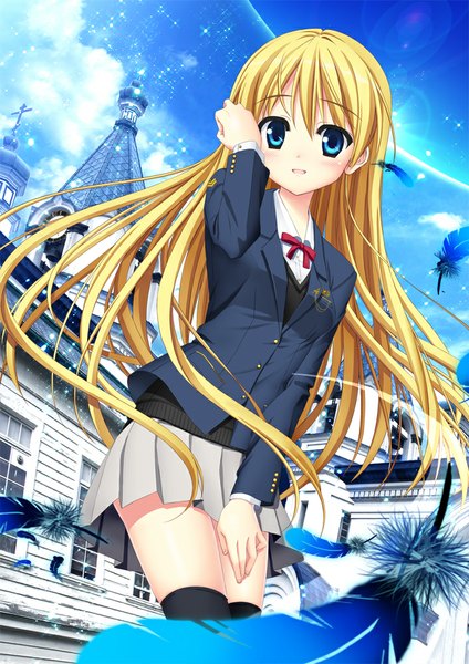 Anime picture 706x1000 with original akizuki tsukasa single long hair tall image looking at viewer blush blue eyes blonde hair girl thighhighs skirt uniform black thighhighs school uniform feather (feathers)