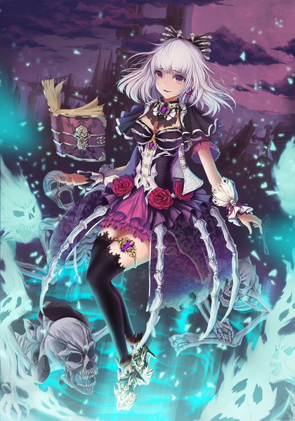 Anime picture 800x1143 with original h2o (dfo) single tall image fringe short hair smile purple eyes looking away cloud (clouds) bent knee (knees) white hair parted lips night short sleeves high heels zettai ryouiki night sky floating hair magic