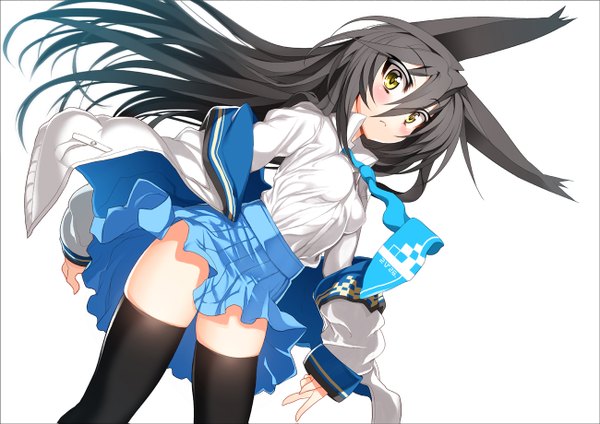 Anime picture 1300x919 with original necro char single long hair blush black hair simple background white background animal ears yellow eyes off shoulder girl thighhighs skirt black thighhighs necktie