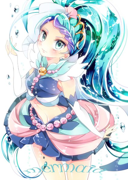 Anime picture 900x1270 with precure go! princess precure toei animation kaidou minami cure mermaid ayumaru (art of life) single long hair tall image blush white background ponytail aqua eyes from above aqua hair bare belly character names magical girl girl earrings