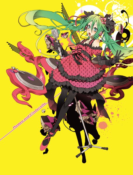 Anime picture 1143x1500 with vocaloid romeo to cinderella (vocaloid) hatsune miku senano-yu tall image open mouth twintails green eyes full body very long hair hair flower yellow background girl dress gloves hair ornament ribbon (ribbons) petals elbow gloves headphones