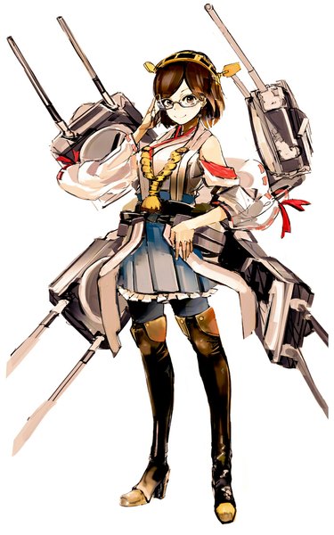 Anime picture 700x1120 with kantai collection kirishima battleship so-bin single tall image short hair simple background smile brown hair white background brown eyes traditional clothes japanese clothes nontraditional miko adjusting glasses mechanical girl glasses frills hairband