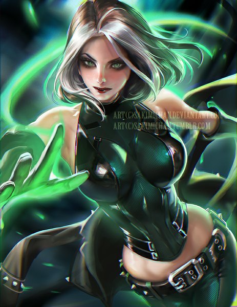 Anime picture 695x900 with x-men x-men evolution marvel comics rogue (x-men) sakimichan single tall image short hair breasts light erotic large breasts green eyes multicolored hair realistic two-tone hair midriff sleeveless lipstick glowing watermark