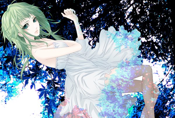 Anime picture 1500x1009 with vocaloid gumi naoto single long hair green eyes green hair lips girl dress leaf (leaves) sundress branch