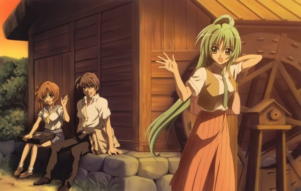 Anime picture 2837x1799 with higurashi no naku koro ni studio deen ryuuguu rena sonozaki mion maebara keiichi sakai kyuuta long hair looking at viewer fringe highres short hair open mouth blue eyes smile hair between eyes brown hair standing sitting multiple girls brown eyes