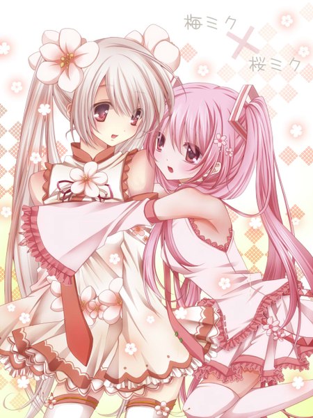 Anime picture 1000x1333 with vocaloid hatsune miku sakura miku koyoi (ruka) long hair tall image blush open mouth red eyes twintails multiple girls pink hair white hair hug girl thighhighs flower (flowers) 2 girls detached sleeves white thighhighs